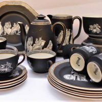 27 pieces of Victorian black & white  Prattware Pratt Ware Grecian pattern china dinnerware  incl teapot, jug, demitasse, and tea cups - all marked to - Sold for $81 - 2019