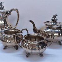 4 Pieces EPNS Sheffield Cooper Bros Tea set with two eagle finial teapots creamer and sugar bowl - Sold for $37 - 2019