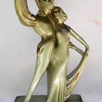 Art Deco plaster ware figurine of a dancing couple - green painted original finish - approx 35 cm H - Sold for $37 - 2019