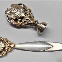 Cased Art Nouveau Dutch Silver bookmark and wax seal with monogram - ornate floral design, approx 44gm - Sold for $87 - 2019