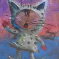 Framed ANN JAMES ( 1952 - ) Pastel - BOY in CAT COSTUME Flying Kite w Barking Dog - Signed & dated NULL06, lower right - 345x265cm - Sold for $199 - 2019