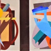 Framed Pair (Diptych) LIONEL HINWOOD (South Africa 1936 - 2012) Grouches - GEOMETRIC Studies - Both signed & dated '80, lower left - 41x36cm Each - Sold for $248 - 2019