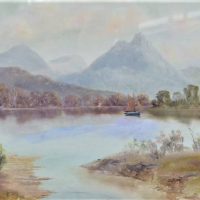 Framed c1900 Australian School Oil Painting - TASMANIAN RIVER Scene w Sailing boat- Signed w Initials DGB (Douglas George Bell), lower left - 295x555c - Sold for $112 - 2019