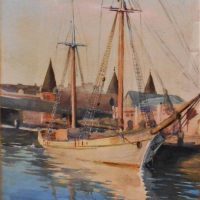 Gilt framed CARLYLE JACKSON (1891 - 1940) Watercolour - LITTLE DOCK, Spencer Street Melbourne - Signed lower left & Titled Lower centre - 405x34cm - Sold for $497 - 2019