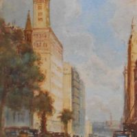 Gilt framed GEORGE HYDE POWNALL (1866 - 1939) Watercolour - QUEEN STREET MELBOURNE Looking South - Signed & Dated 1930, lower left - 26x175cm - Sold for $248 - 2019