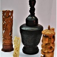 Group lot - Carved Bone & wooden items - Indian Gods, Female Nude, lidded container w Figural top, etc - Sold for $31 - 2019