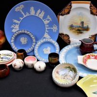 Group of pretty china including Wedgwood Jasper ware and Royal Doulton pin dishes, hand painted European cabinet plate with Windmill scene etc - Sold for $99 - 2019