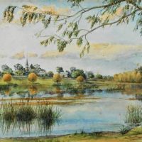 Mounted c1921 AUSTRALIAN SCHOOL Watercolour - RIVER scene with Township & Church Steeple on other side of the Riverbank - signed EM LACEY & Dated 1921 - Sold for $50 - 2019