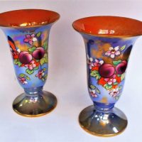 Pair of 1920s Rialto Ware (British Art Pottery Co) lustre vases - pale blue ground with fruit and flowers, orange interior - 21cms H - Sold for $87 - 2019