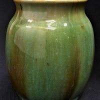 Small JOHN CAMPBELL Australian Pottery Vase - Green & other mottled coloured Glaze, signed to base - 9cm H - Sold for $35 - 2019