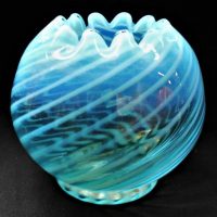 c1910 ball shaped blue Vaseline and clear art glass Vase with swirls - 10cms H - Sold for $27 - 2019