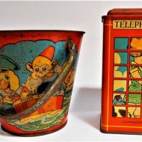 2 x English tins - Reliable series Saucy Sue & Skylark Boats beach pail & Telephone box money box - Sold for $35 - 2019