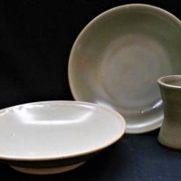3 x pieces Harold Hughan Australian pottery celadon glazed plates and cup - Sold for $62 - 2019