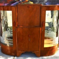 Art Deco wooden cocktail cabinet - two side units with curved glass doors , frosted swan images and lift up front section with internal mirror and low - Sold for $99 - 2019
