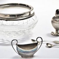 Group lot - Hallmarked Sterling silver including tennis racquet spoon, , Crystal bowl with sterling ring, open salt etc - Sold for $62 - 2019