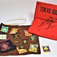 Group lot - assorted vintage Girl Guides and Brownie sew-on patches plus Tokyo 1964 Summer Olympics Spectators cushion - Sold for $35 - 2019