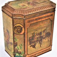 c1900 English Biscuit tin with European scenes including Hard Winter in Russia and Boar At by Hunting dogs - Sold for $37 - 2019