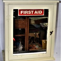 c1920's metal First Aid cabinet with mirrored door and glass shelves - Sold for $149 - 2019