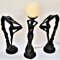 3 x Art Deco style ceramic figures incl pair of nude ladies with draped hair and nude lady table lamp with frosted shade - Sold for $37 - 2019
