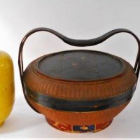 Group lot - oriental items with yellow vase with wax export seal, Lacquer and cane basket and Blue and white figurine - Sold for $43 - 2019