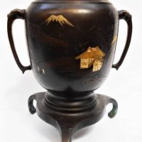 Japanese Bronze multi metal bronze vase with  view of mount Fuji on tripod base - Sold for $87 - 2019