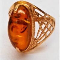 Ladies Russian 583  14 K gold ring with Baltic Cognac amber cabochon  in basket setting 35 grams - Sold for $161 - 2019