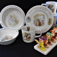 Small group - nursery ware incl Clover Disney 'Seven Dwarfs' toast rack, Wedgwood Peter Rabbit, etc - Sold for $43 - 2019