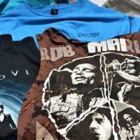 Group lot - Various BAND Shirts - The Beatles, Bob Marley, Bon Jovi 2010 Tour, Aerosmith 9 Lives Tour, WEEZER 2013 Blue Album Tour, etc - various size - Sold for $50 - 2019