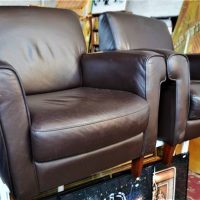 Pair of modern brown leather armchairs - Sold for $37 - 2019