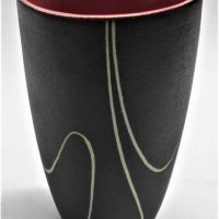 Retro Mid Century Modern GUNDA Australian Pottery VASE - Triangular shape, Matt black glaze w Incised contrasting White Design around body, Pink inter - Sold for $81 - 2019