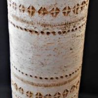 Vintage Italian Bitossi cream glazed cylinder vase with incised decoration - marked Italy to base, approx 31cm H - Sold for $43 - 2019