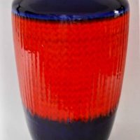 c1960s West German pottery vase by Scheuric - Europ Linie ,  Orange and blue glaze - approx 30cm - Sold for $56 - 2019