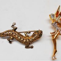 2 x costume jewellery Brooches - Butler Wilson TINKERBELL w Swarovski crystals + EMMA PAGE Lizard set with rhinestones - both pieces marked - Sold for $56 - 2019