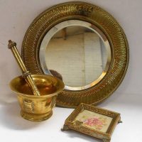 3 x Pieces of vintage brassware  mortar and pestle, petit point ashtray and mirror - Sold for $35 - 2019
