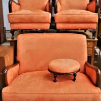 4 piece vintage timber lounge suit - 2 x armchairs, 2 seater couch and foot stool - with apricot faux suede upholstery - Sold for $81 - 2019