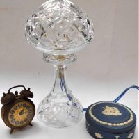 Group of Boudoir items including cut crystal mushroom lamp, Wedgwood jasper ware box  etc - Sold for $87 - 2019