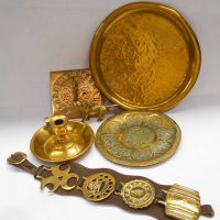 Group of Brassware including Candle stick, Horse brasses,  etc - Sold for $50 - 2019