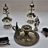 Group of EPNS including open salts with blue glass liners, Walker and Hall Candlestick and snuffer etc - Sold for $37 - 2019