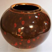 Large JOHN DERMER 1980's Australian Pottery VASE - Crystaline glaze, Gilded rim & base, Brown body w lighter brown & orange splotches, impressed mark  - Sold for $99 - 2019