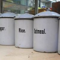 Set of 7 x Vintage ENAMELLED Kitchen Cannisters - white w Blue rims w Black text, worn Lion marks to bases - Sold for $112 - 2019