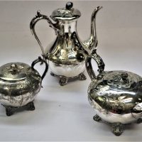 c1880 EPBM Tea and coffee set By James Dixon & Co with fruit bud finials and pierced handles - Sold for $43 - 2019