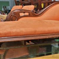 c1900 cedar chaise lounge with apricot faux suede upholstery - Sold for $93 - 2019