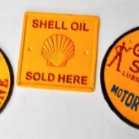 3 x modern reproduction cast iron Shell advertising plaques incl Shell Oil Sold Here, Motoroil Gasoline and Lubricant Oils for Motorcycles - Sold for $68 - 2019