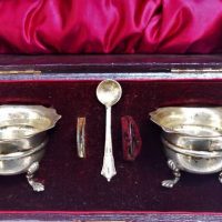 Boxed 1902 Walker and Hall Sterling silver 3 footed saltmustard bowls with spoon - Sold for $75 - 2019