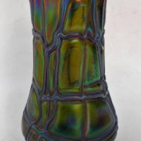 Green and Purple Bohemian iridescent vase by Loetz  Kralik cut down - 13cm tall - Sold for $31 - 2019