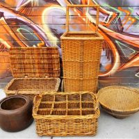 Group of vintage cane items incl shopping jeep basket, picnic basket, boxes etc - Sold for $68 - 2019