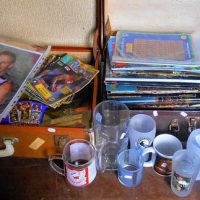 Large group lot - Football related items inc, drinking  glasses, tokens, records, ephemera, trade cards, framed pictures, etc - Sold for $62 - 2019