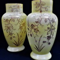 Pair of Victorian Milk glass vases with yellow exterior and Gilt enamelled floral decoration 28cm tall - Sold for $50 - 2019