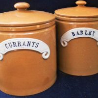 Pair of vintage English ceramic kitchen canisters incl Barley and Currants - Sold for $35 - 2019