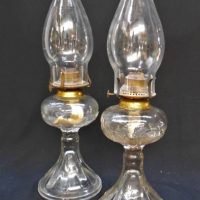 Pair - vintage pressed glass oil lamps with chimneys - approx  47cm H - Sold for $25 - 2019